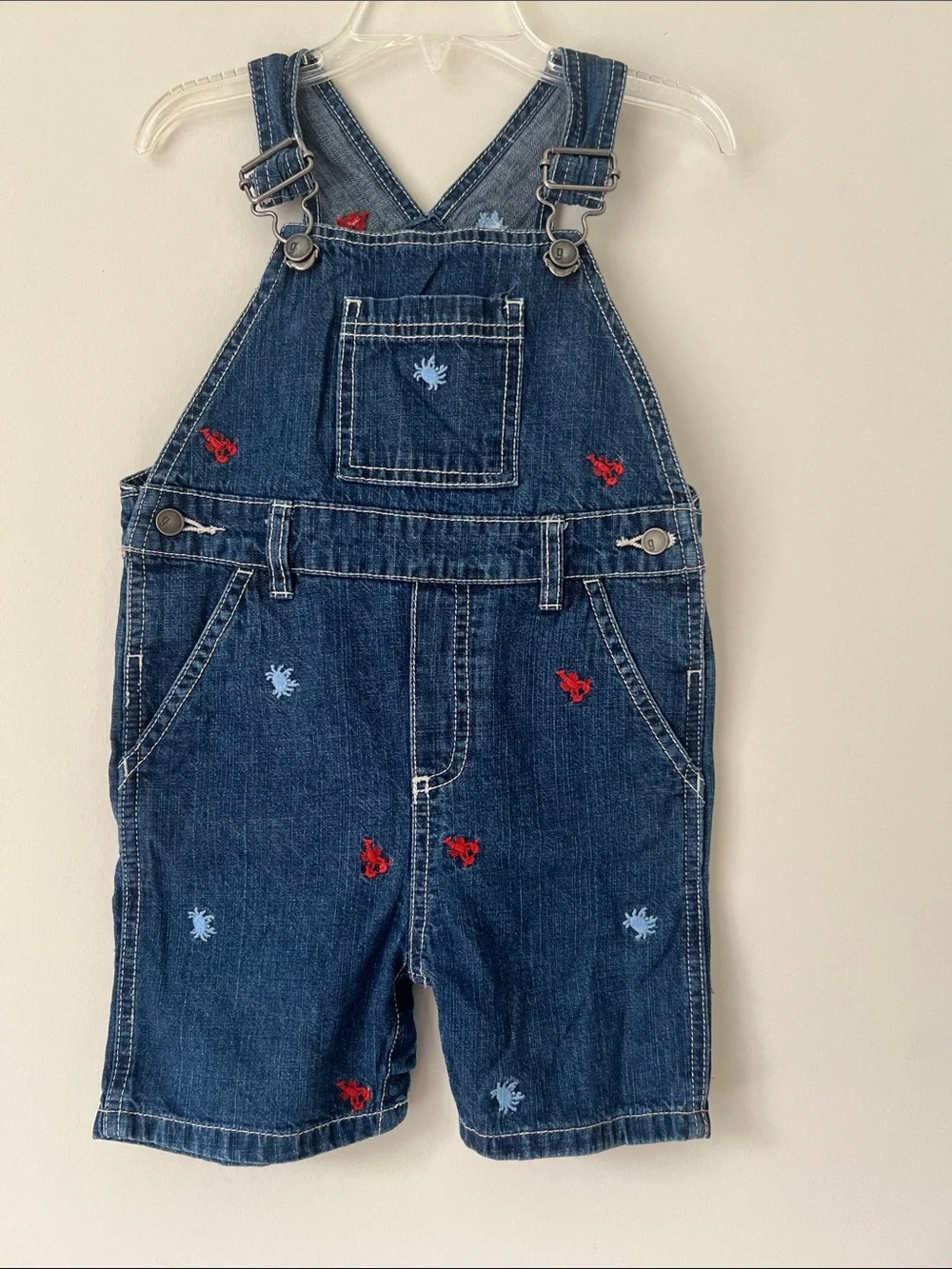 Gymboree Dark Blue Denim Short Overalls with Red & Light Blue Embroidery